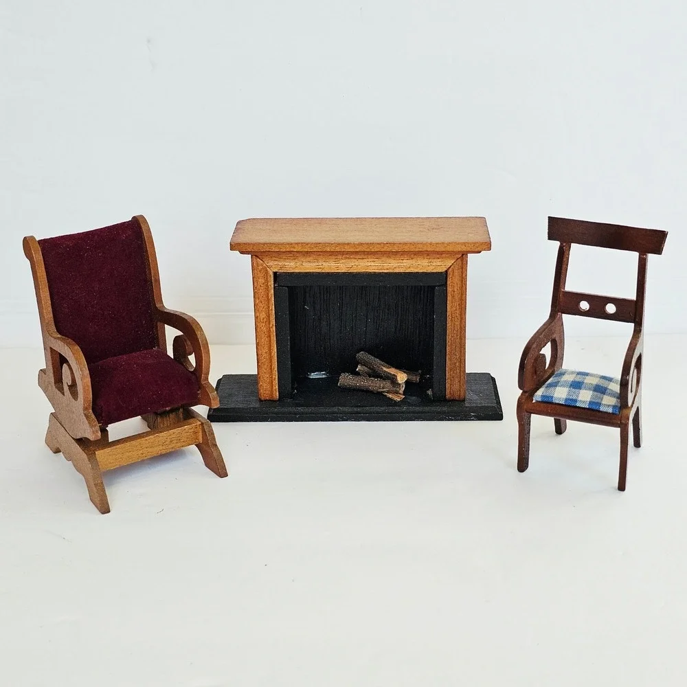 Vintage Shackman Miniature Dollhouse Furniture Fireplace and Chairs Set Wood Toy